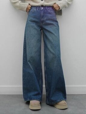 OLD NAVY 100% Cotton Wide-Leg Mid-Rise WOW Baggy Womens Jeans Washed Blue Sz 12T